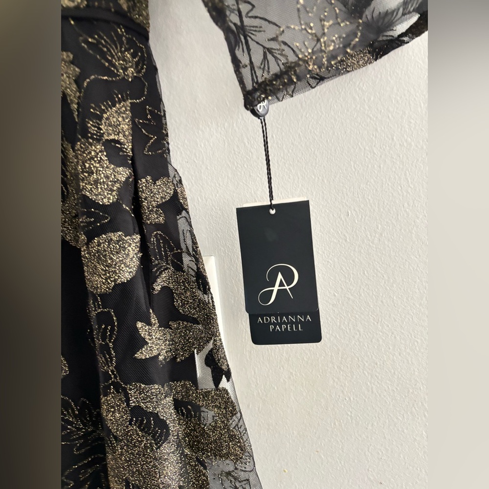 Adrianna Papell Black and Gold Lace Mesh Dress Long Sleeves Gown Size 12 - Picture 7 of 16